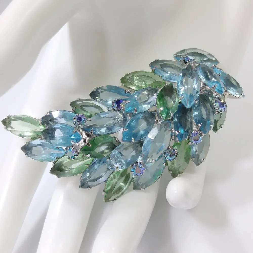 Vintage Juliana Style Blue Green Rhinestone Spray Brooch AB Open Back